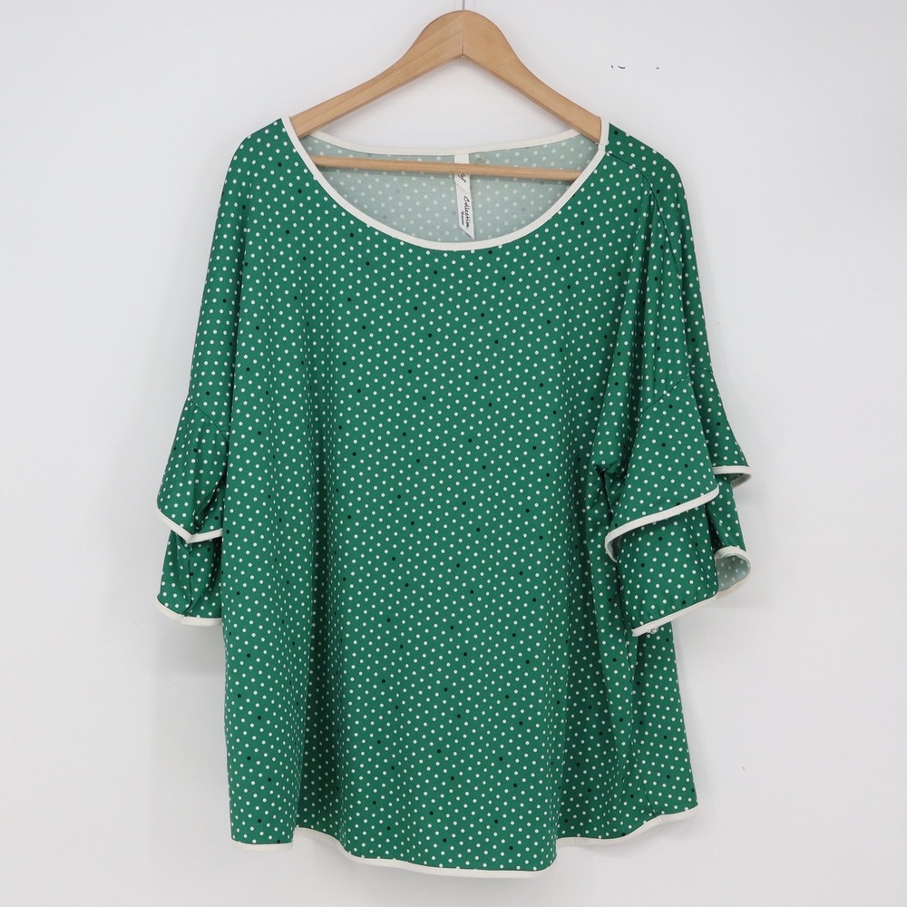 NY Collection Blouse Woman 2X Green Polka Dot Ruffle Sleeve Excellent